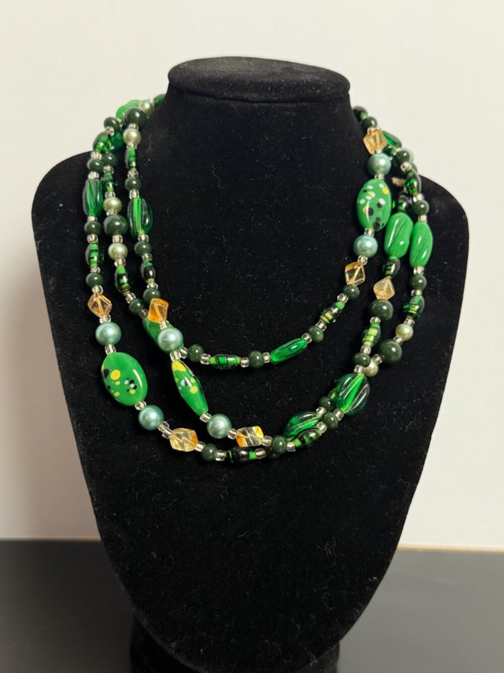 Vintage Handmade Mixed Media Beaded Necklace 46” Green Lampwork Art Glass Boho